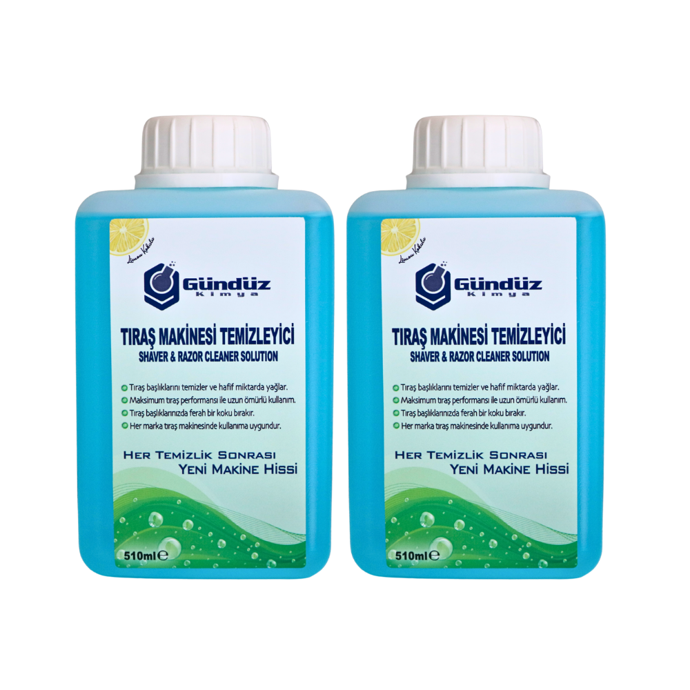 Two blue bottle cleaners labeled 'Tıraş Makinesi Temizleyici' (Shaver & Razor Cleaner) with white caps on a white background.