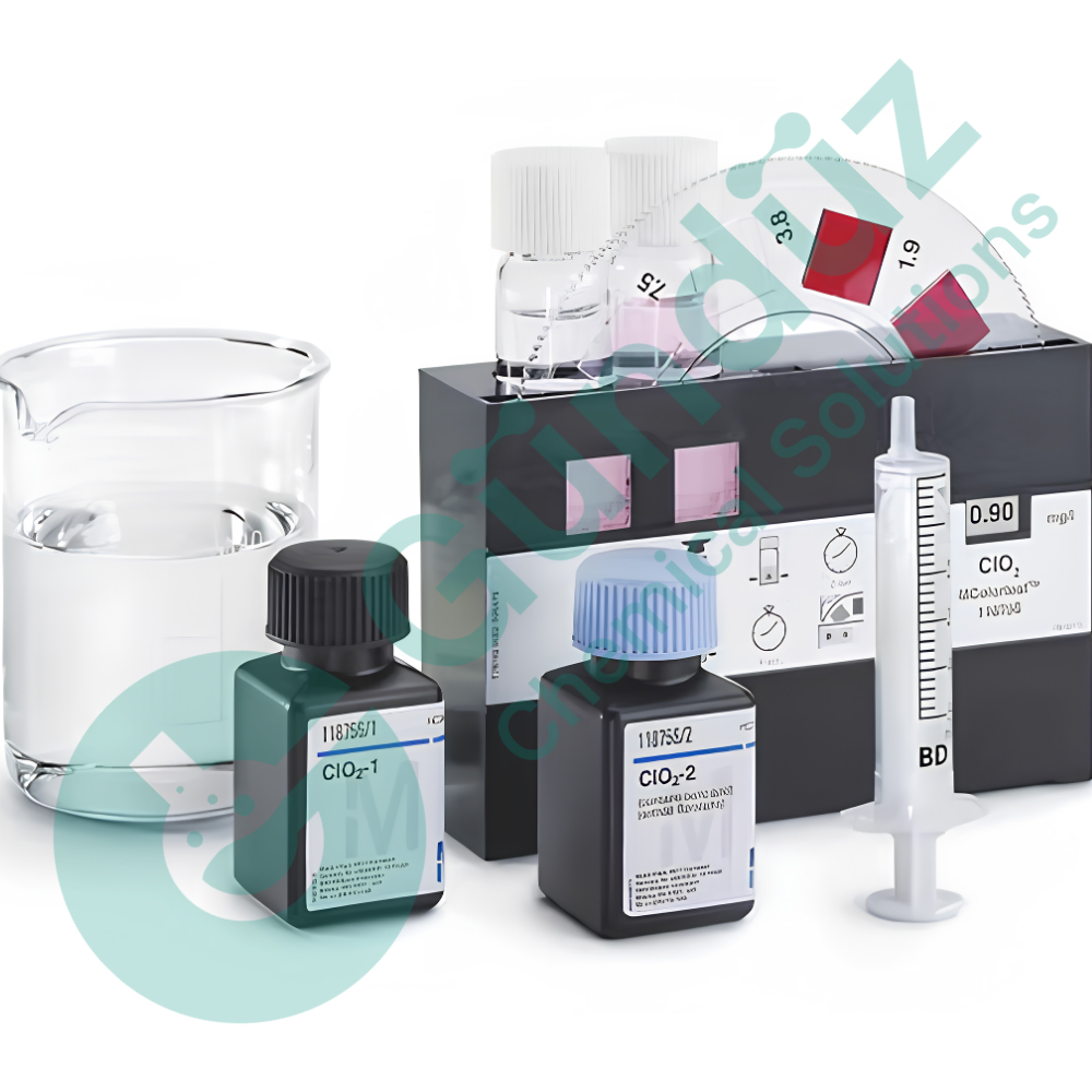 Lab setup with two dark bottles labeled ClO2-1 and ClO2-2, a clear beaker, a syringe, and a control box with gauges on a white background.